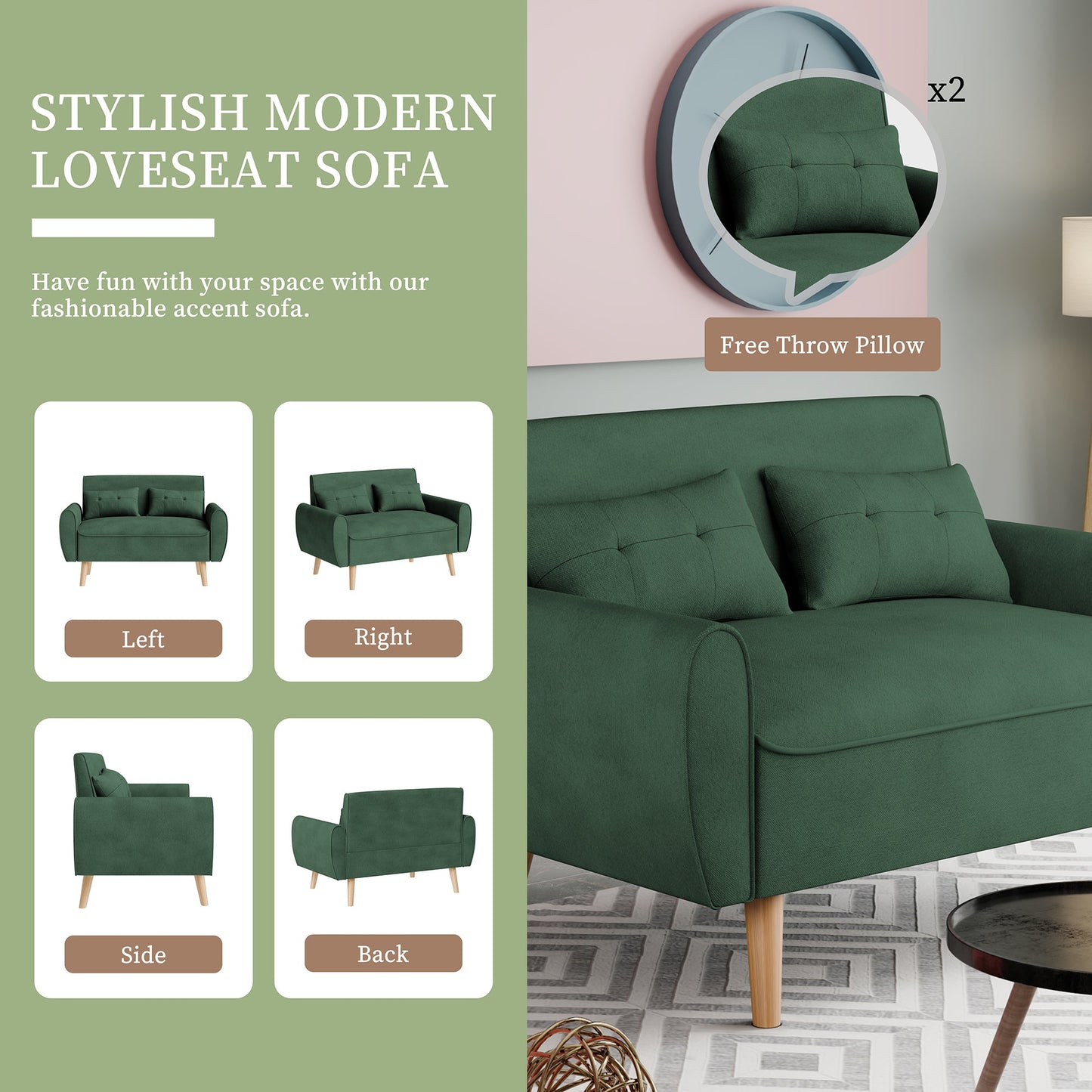 Livingroom sofa set sobaniilowholesale 2-seat 47'' Small Modern Love Seat Sofa #color_green
