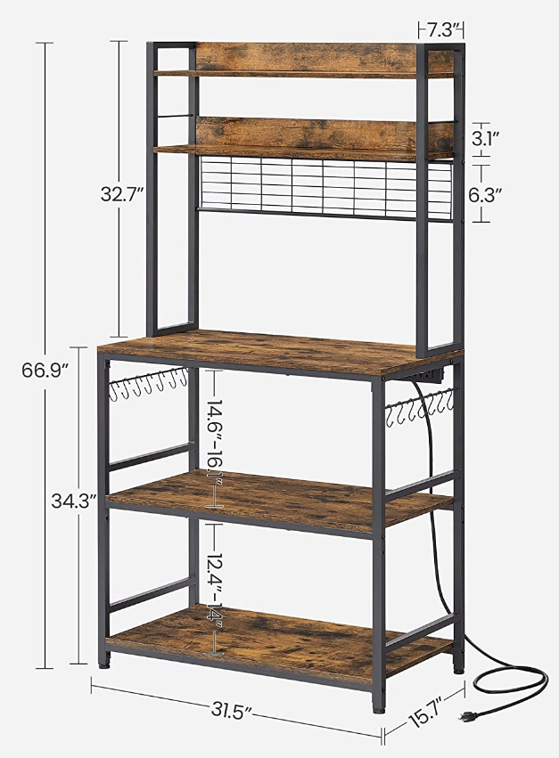 WALSUNY Kitchen Bakers Rack with Power Outlet Coffee Bar Table 3Tiers