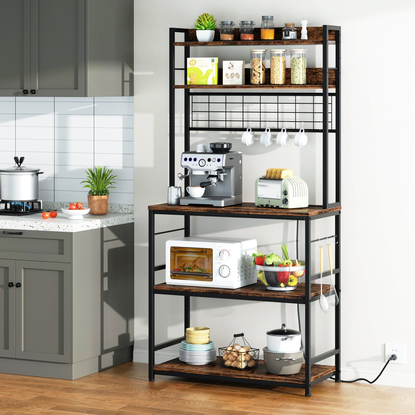 WALSUNY Kitchen Bakers Rack with Power Outlet Coffee Bar Table 3Tiers