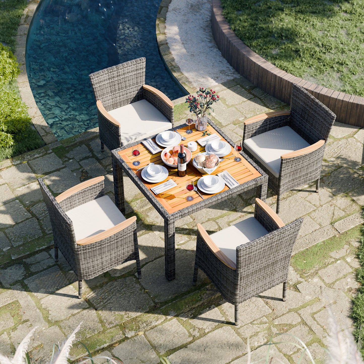sobaniilowholesale 5 Pieces/ 7 Pieces Patio Dining Set, Square Wood Table (7047179927728)