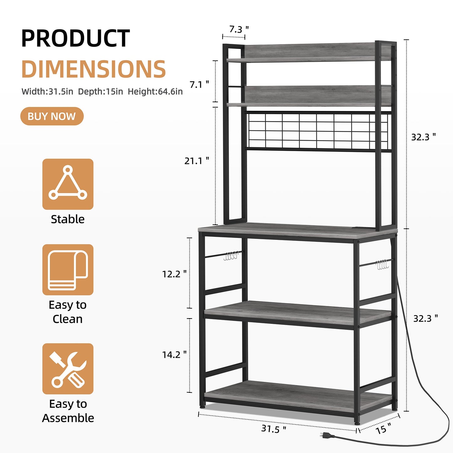 WALSUNY Kitchen Bakers Rack with Power Outlet Coffee Bar Table 3Tiers