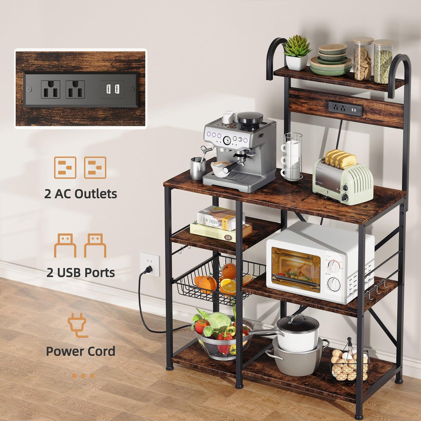 sobaniilo wholesale Kitchen Baking Rack with Outlet, Freestanding Kitchen Storage Shelf Organizer, Steel-Retro