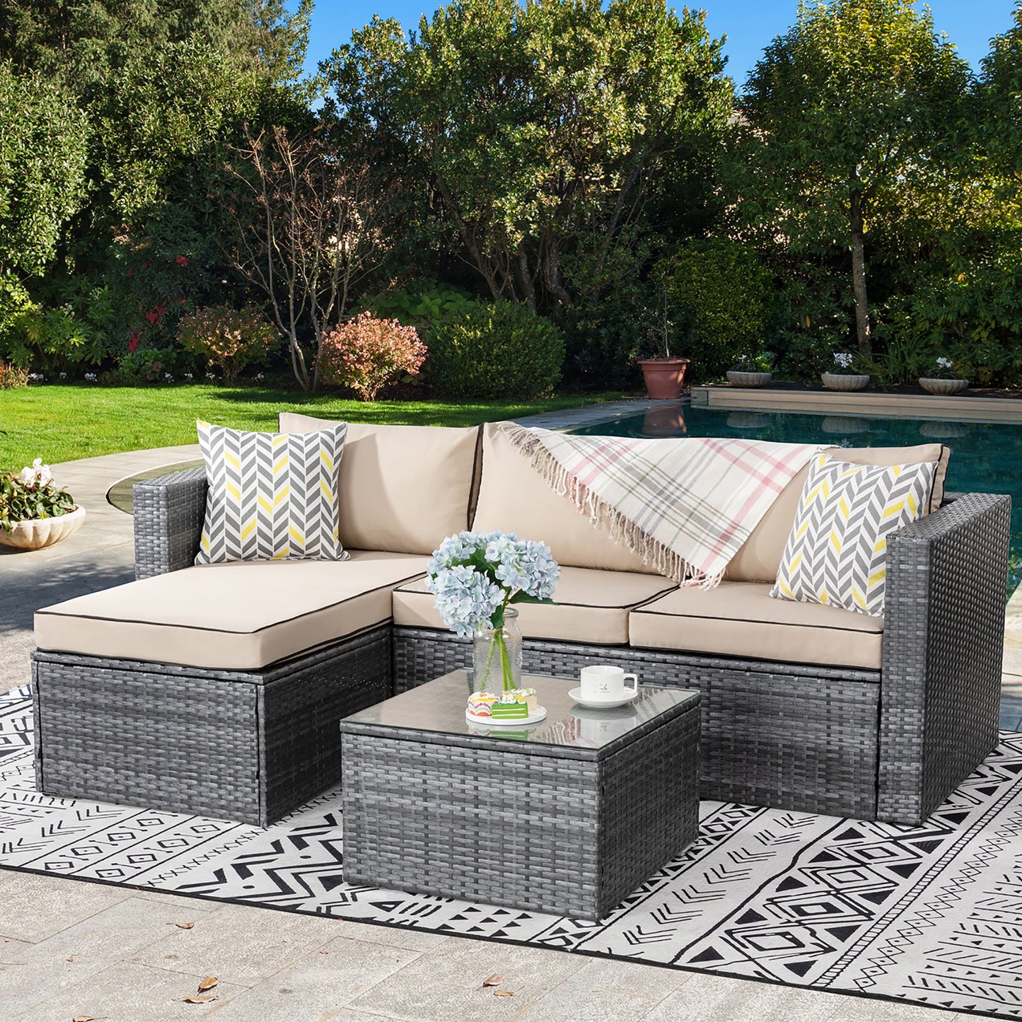 sobaniilowholesale Patio Furniture 3 Pieces Outdoor Sectional Sofa Set With Silver Wicker & Chaise