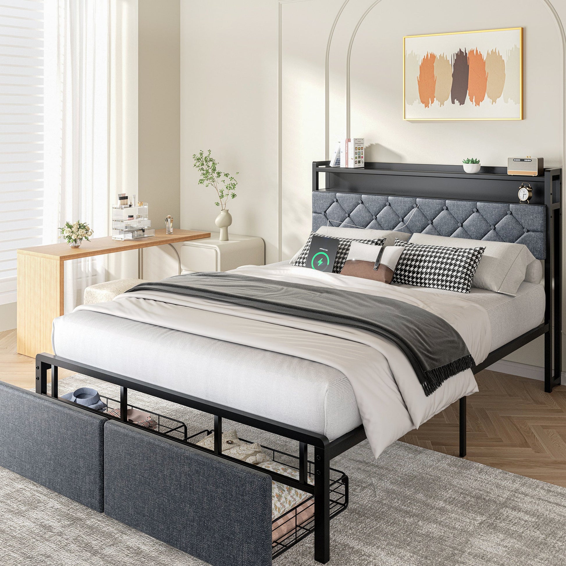 sobaniilowholesale Bed Frame with Led Light and 2 Drawers Metal Platform Bed with Button Tufted Headboard Strong Metal Slats (7504175136944)