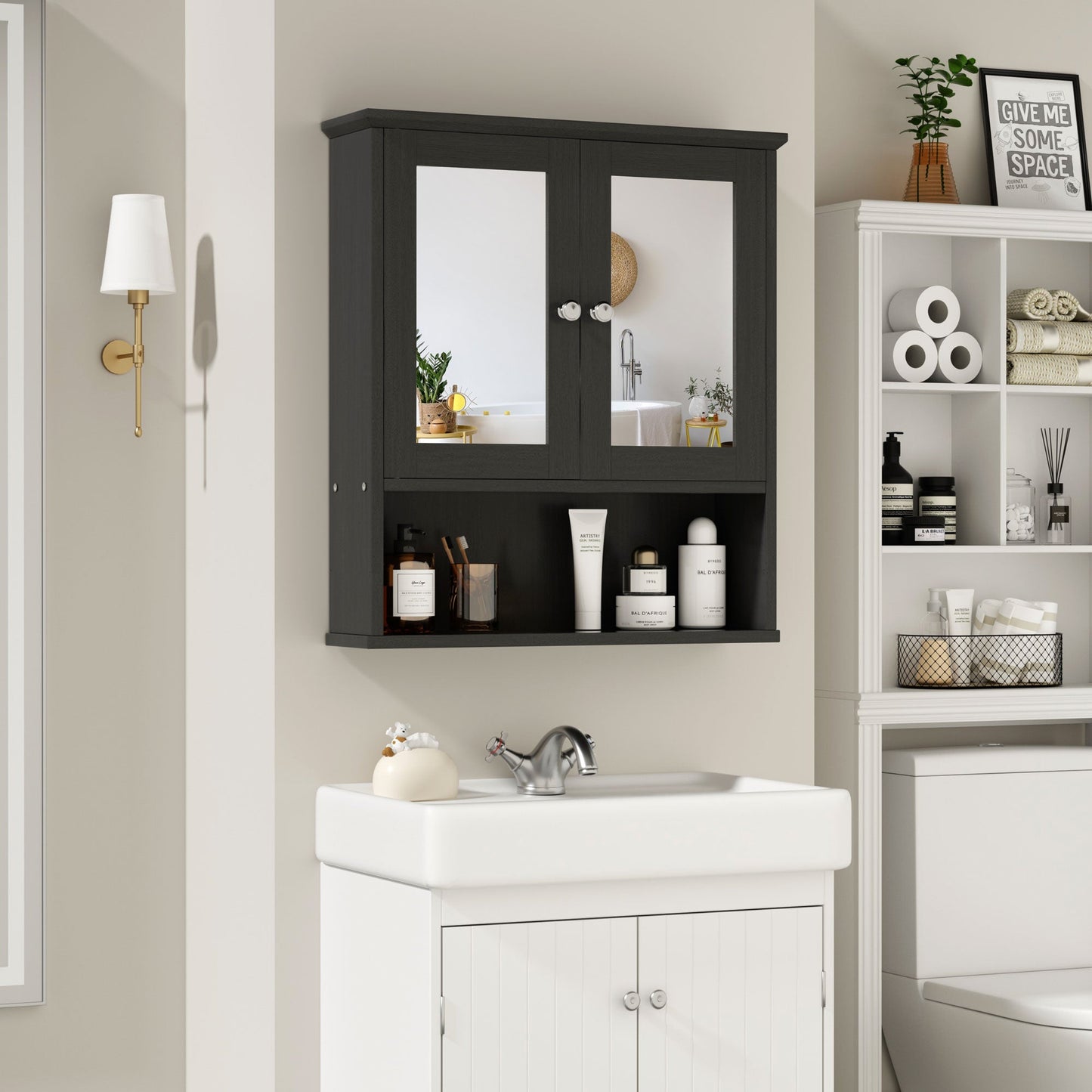 sobaniilowholesale Bathroom Medicine Cabinet with Mirror, 2 Doors 3 Open Shelf