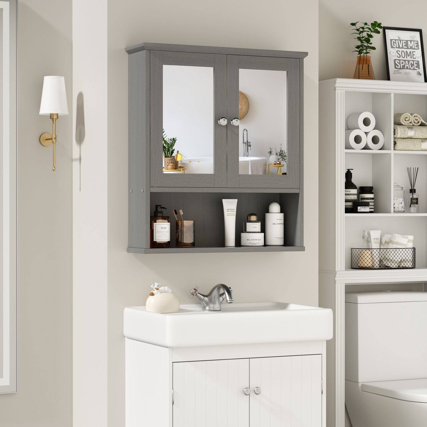 sobaniilowholesale Bathroom Medicine Cabinet with Mirror, 2 Doors 3 Open Shelf