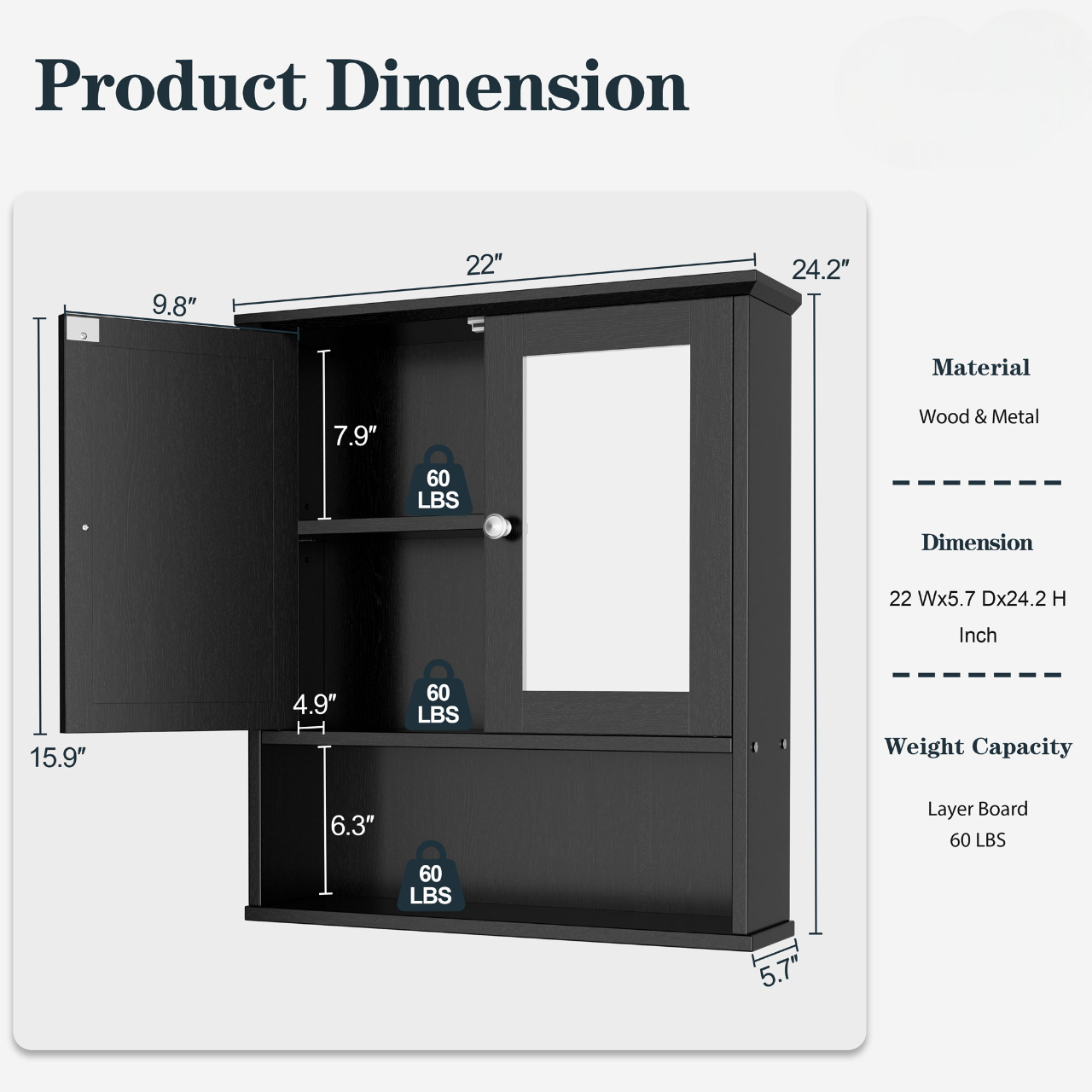 sobaniilowholesale Bathroom Medicine Cabinet with Mirror, 2 Doors 3 Open Shelf