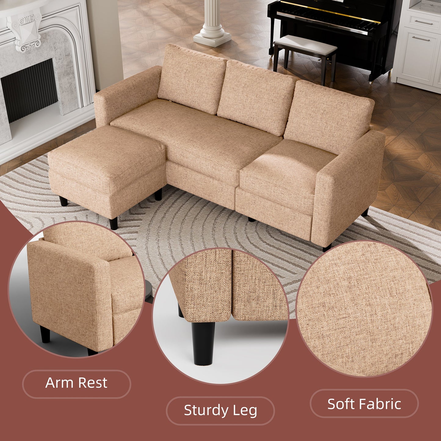 sobaniilowholesale 3-Seat L Shaped Sectional Sofa Couch with Modern Linen Fabric for Small Space (7415494770864)