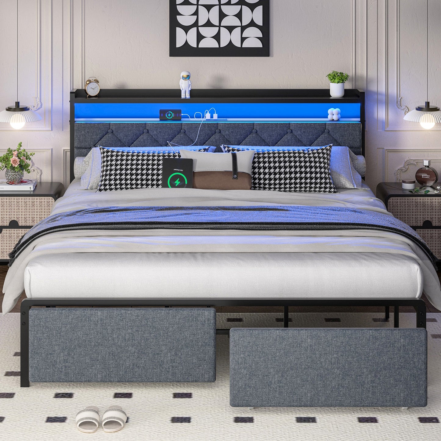 sobaniilowholesale Bed Frame with Led Light and 2 Drawers Metal Platform Bed with Button Tufted Headboard Strong Metal Slats (7504175136944)