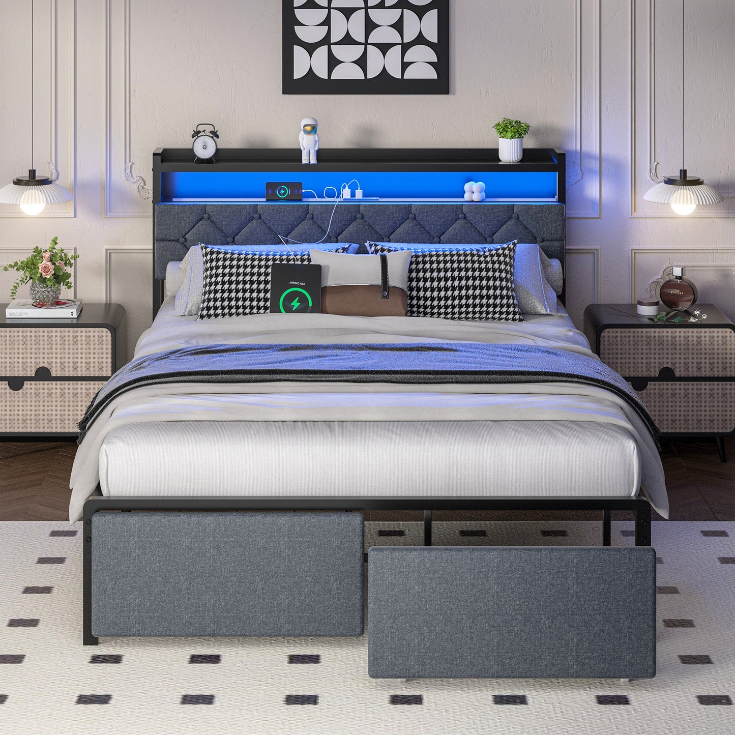 sobaniilowholesale Bed Frame with Led Light and 2 Drawers Metal Platform Bed with Button Tufted Headboard Strong Metal Slats (7504175136944)