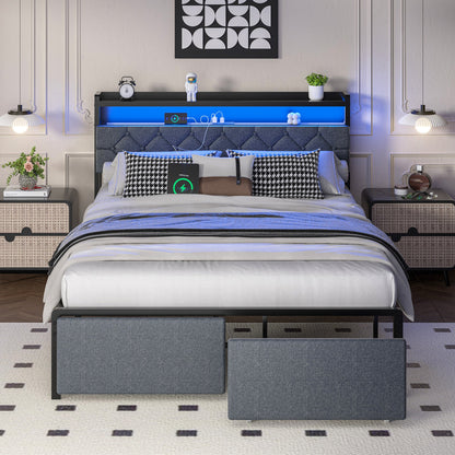 sobaniilowholesale Bed Frame with Led Light and 2 Drawers Metal Platform Bed with Button Tufted Headboard Strong Metal Slats (7504175136944)