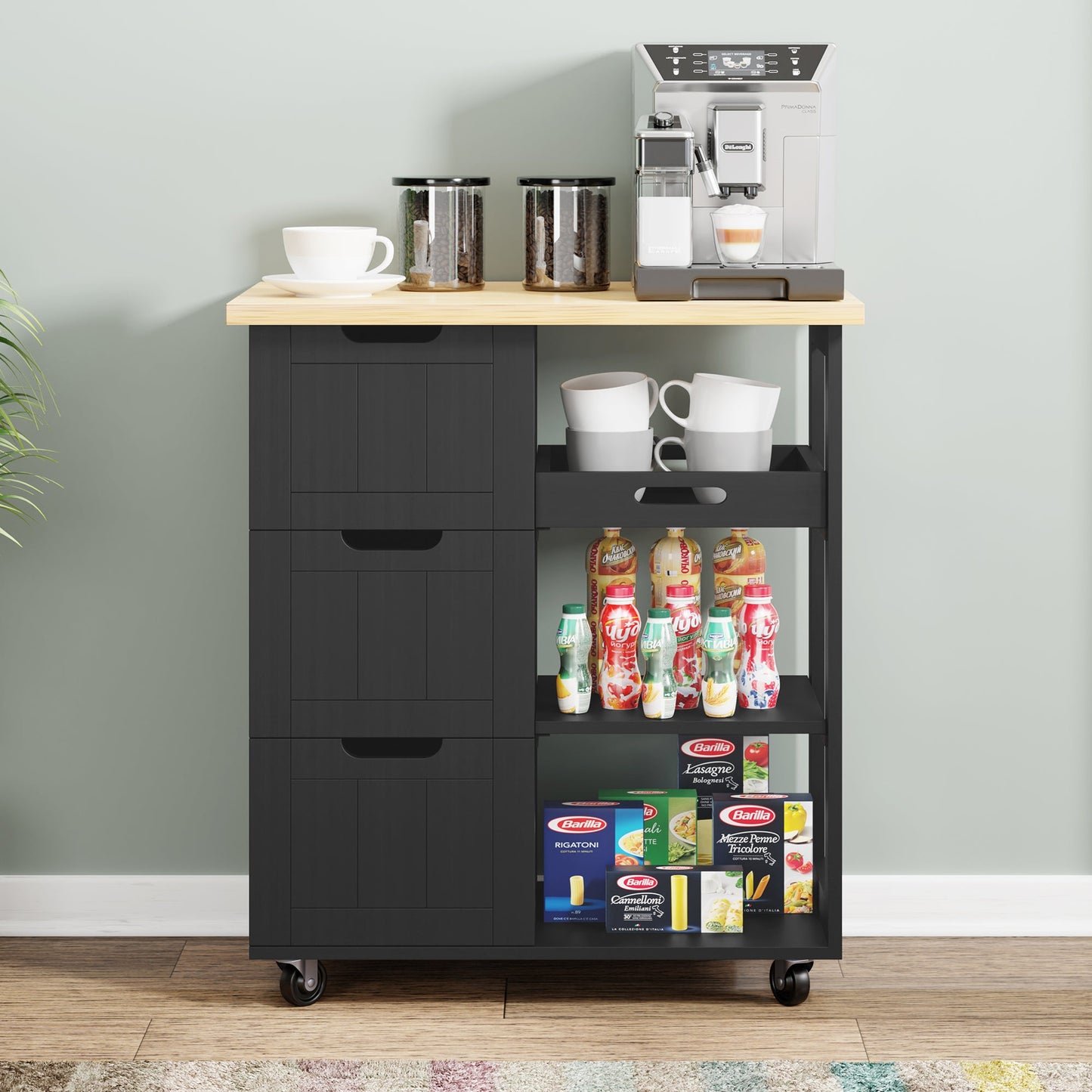 sobaniilowholesale 26.57???¡¥ Rolling Kitchen Island Storage & Bar Cart with Solid Wood Top#color_black (7278481932464)