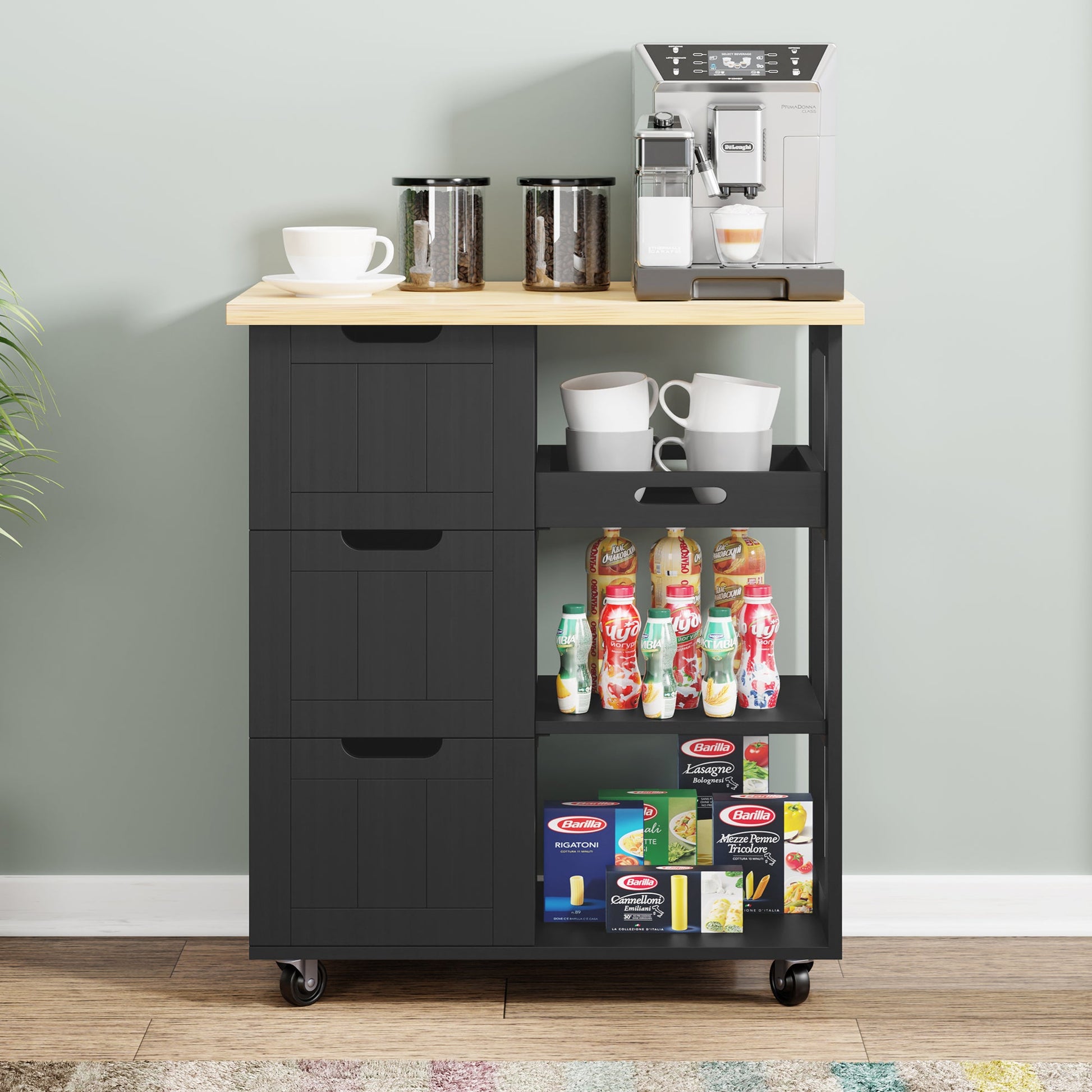 sobaniilowholesale 26.57???¡¥ Rolling Kitchen Island Storage & Bar Cart with Solid Wood Top#color_black (7278481932464)