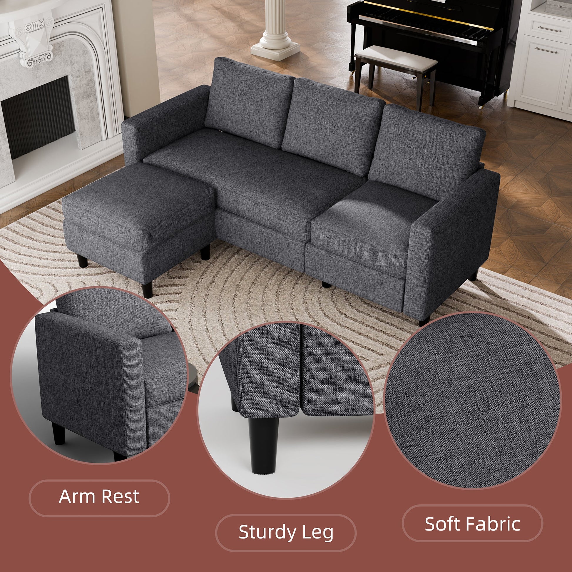 sobaniilowholesale 3-Seat L Shaped Sectional Sofa Couch with Modern Linen Fabric for Small Space (7415494770864)