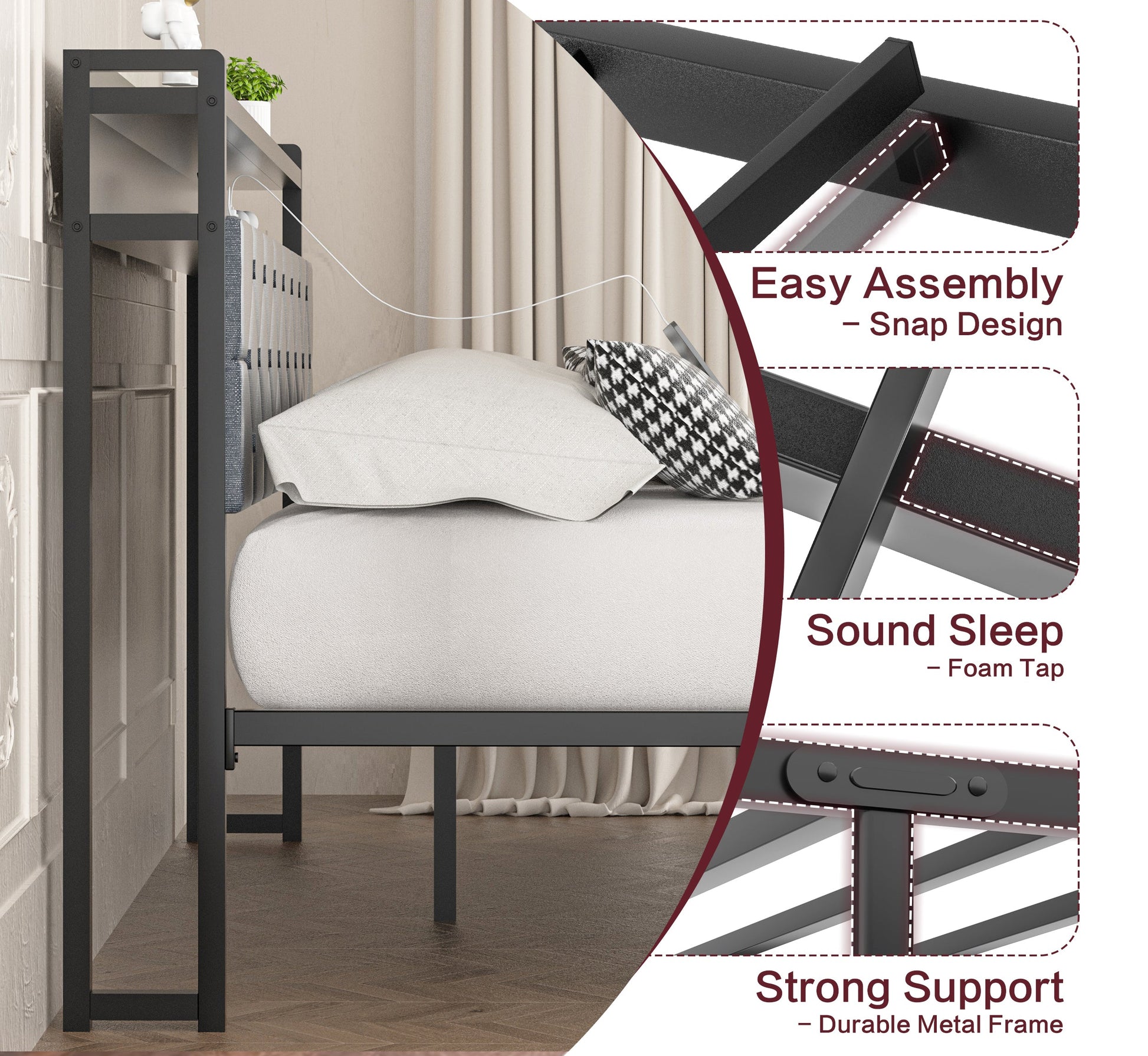 sobaniilowholesale Bed Frame with Led Light and 2 Drawers Metal Platform Bed with Button Tufted Headboard Strong Metal Slats (7504175136944)