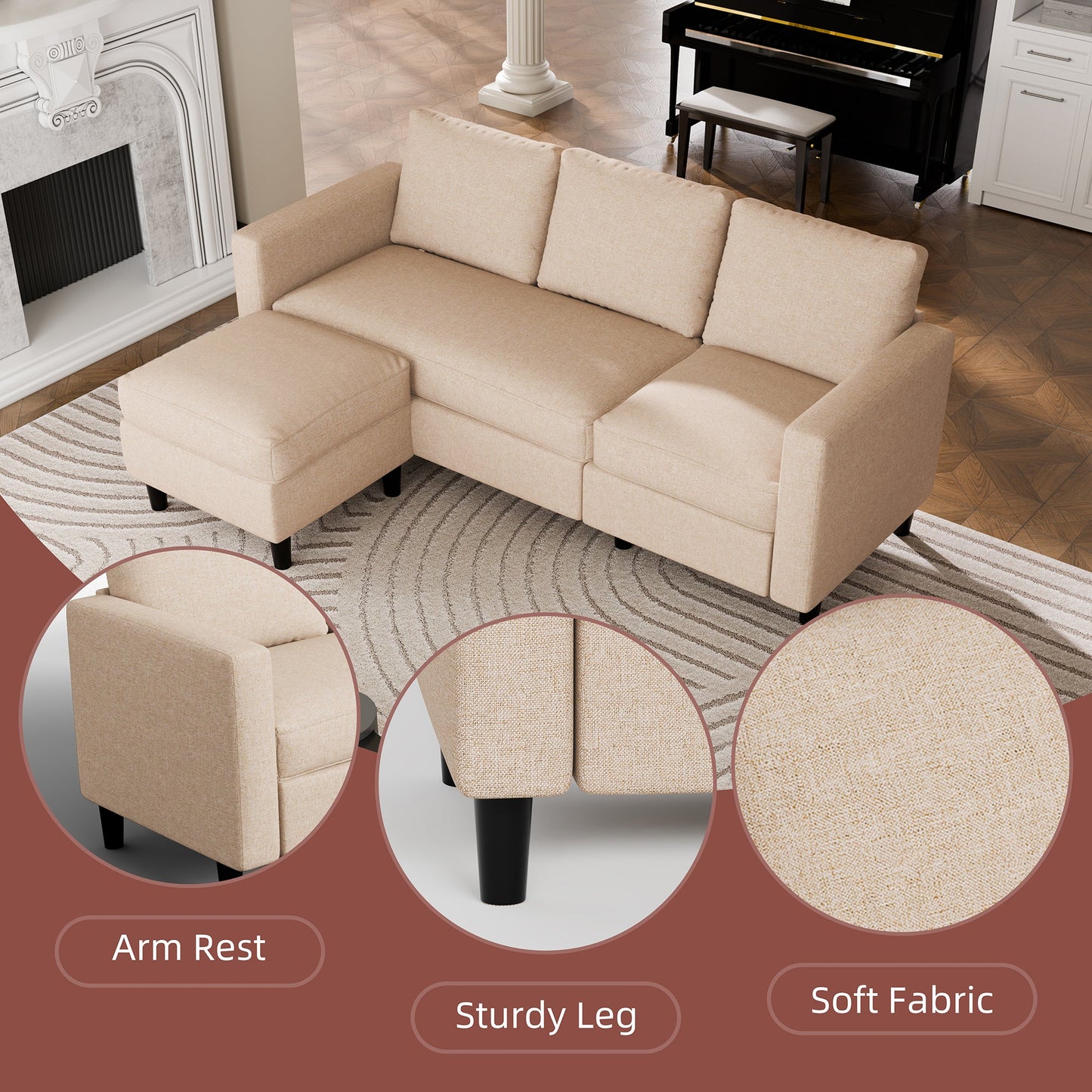 sobaniilowholesale 3-Seat L Shaped Sectional Sofa Couch with Modern Linen Fabric for Small Space (7415494770864)