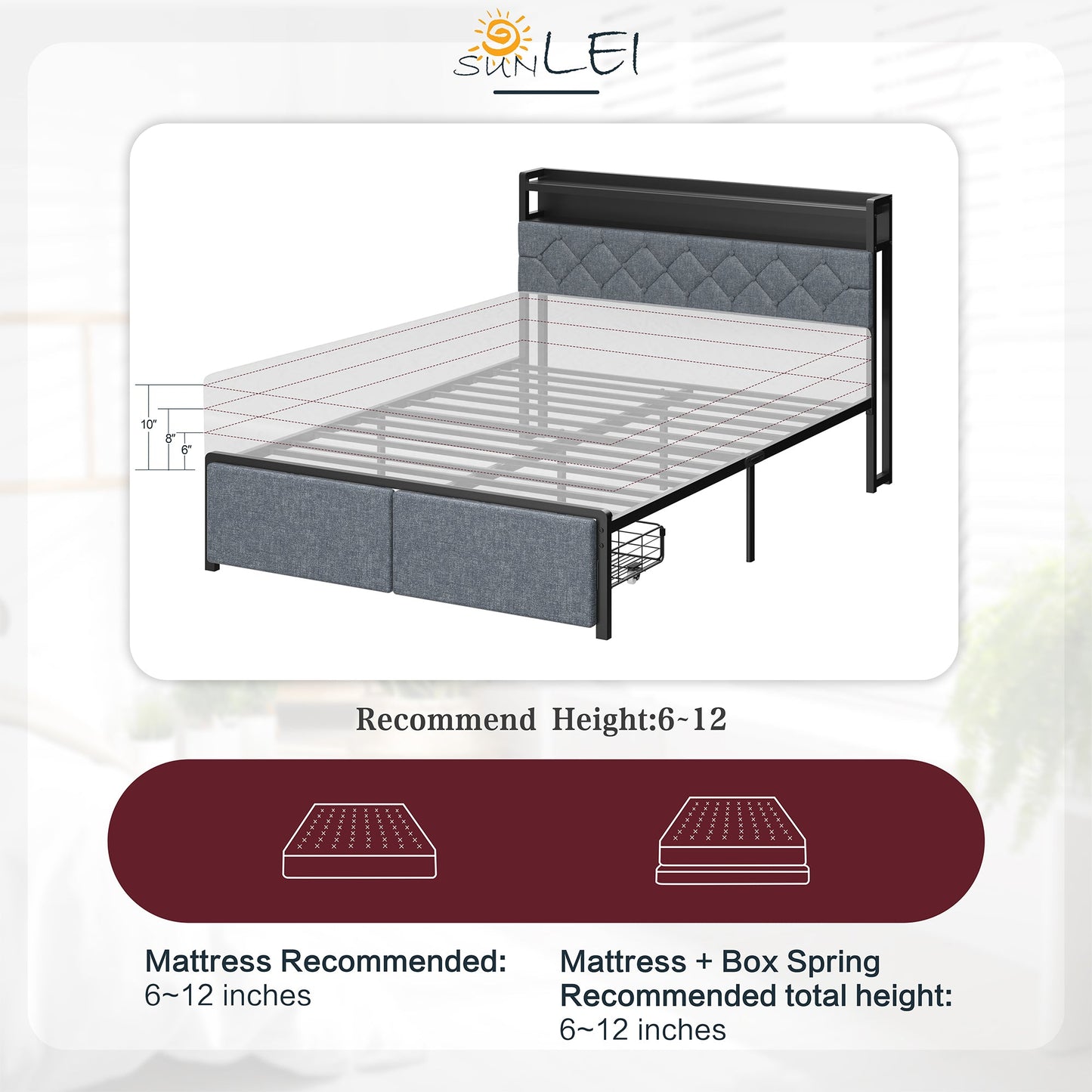 sobaniilowholesale Bed Frame with Led Light and 2 Drawers Metal Platform Bed with Button Tufted Headboard Strong Metal Slats (7504175136944)