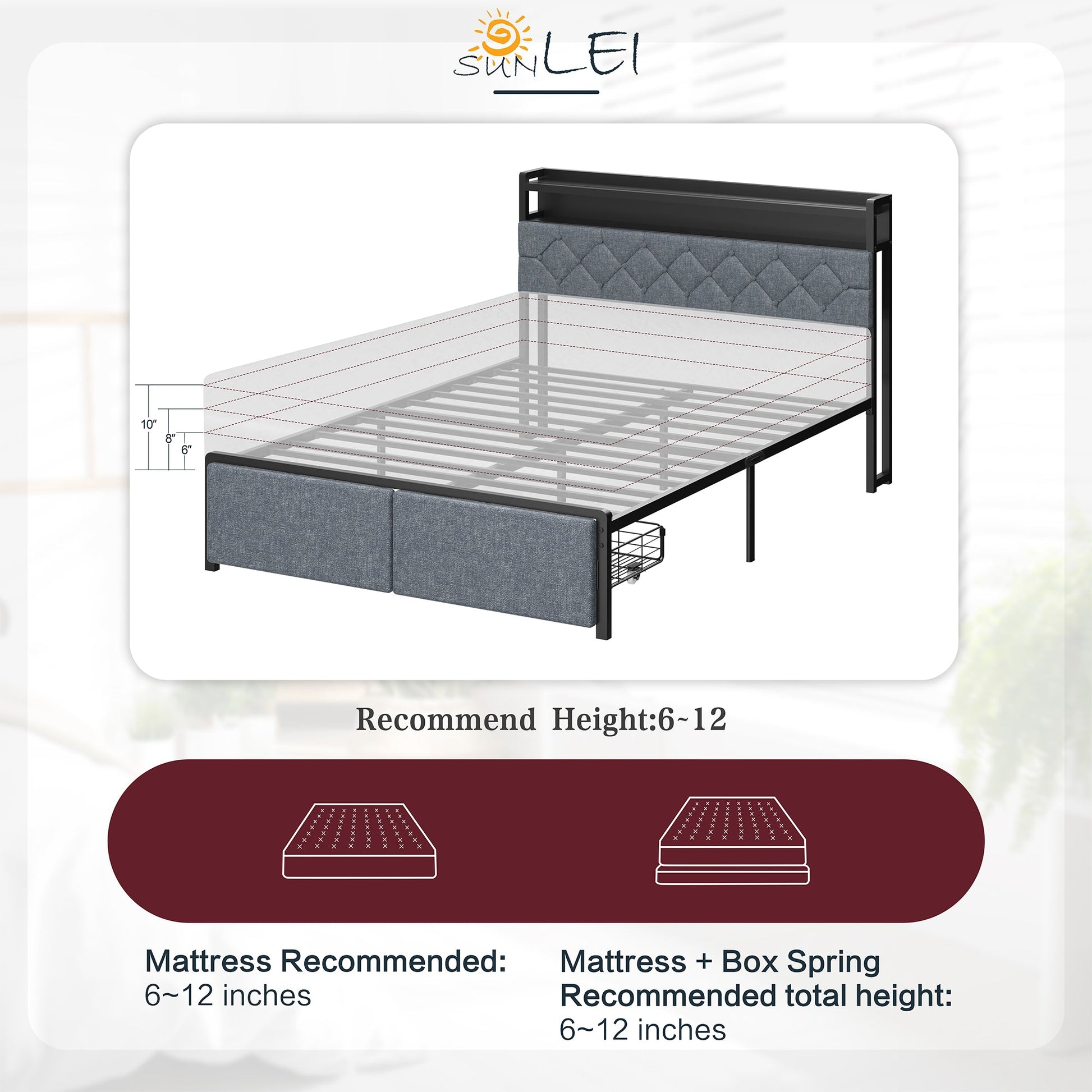 sobaniilowholesale Bed Frame with Led Light and 2 Drawers Metal Platform Bed with Button Tufted Headboard Strong Metal Slats (7504175136944)