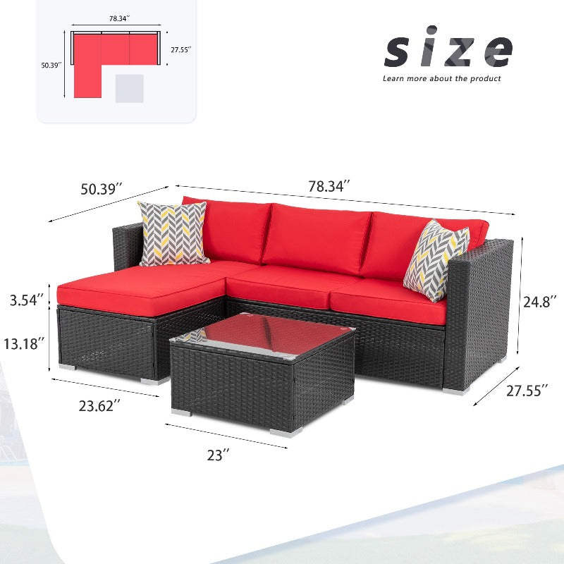 sobaniilowholesale Patio Furniture 3 Pieces Outdoor Sectional Sofa Set With Chaise, Black Wicker#color_red