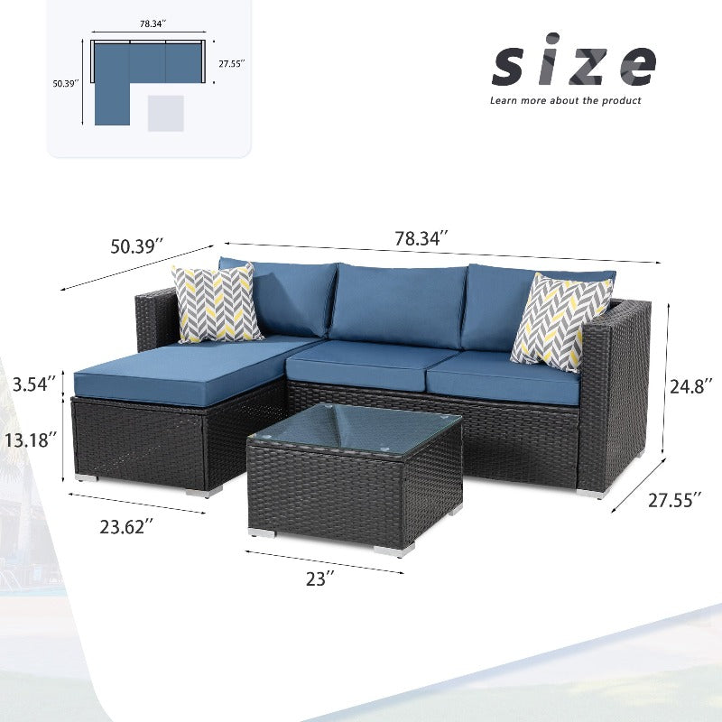 sobaniilowholesale Patio Furniture 3 Pieces Outdoor Sectional Sofa Set With Chaise, Black Wicker#color_aegean-blue