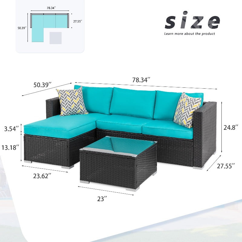 sobaniilowholesale Patio Furniture 3 Pieces Outdoor Sectional Sofa Set With Chaise, Black Wicker#color_blue