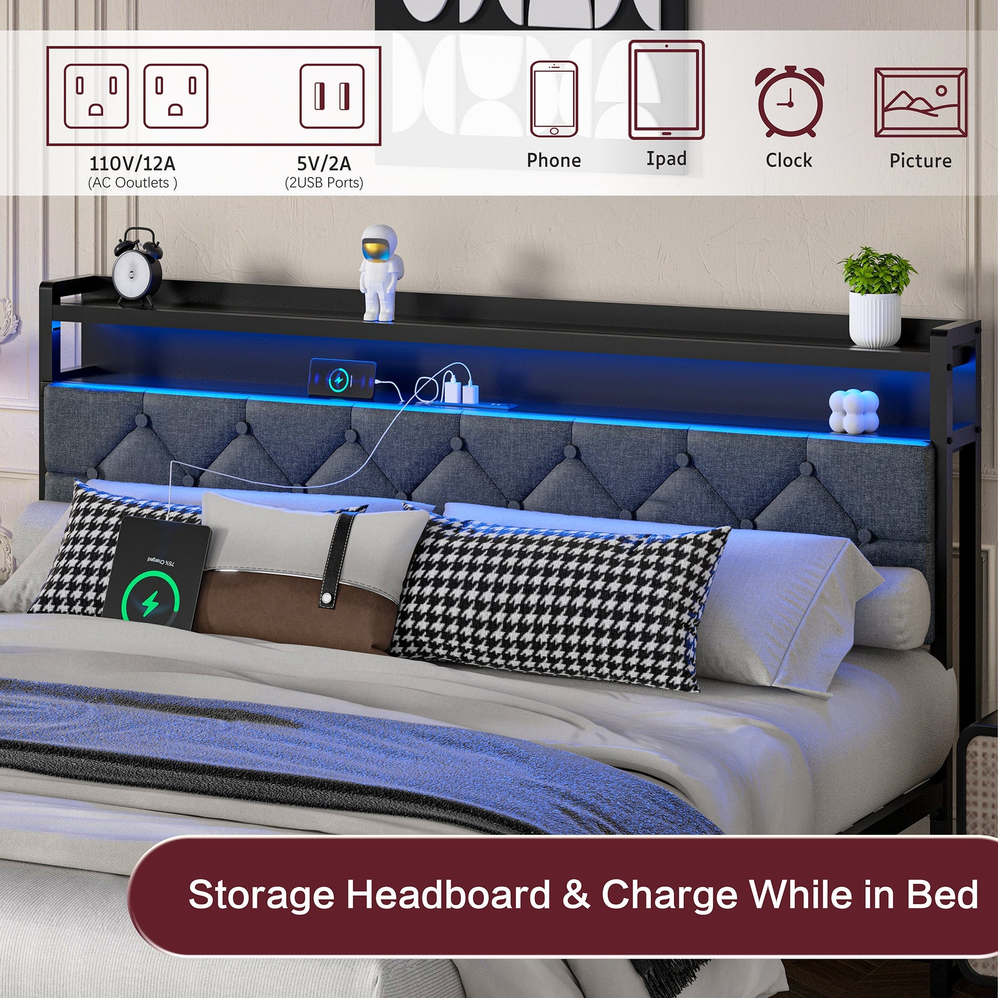 sobaniilowholesale Bed Frame with Led Light and 2 Drawers Metal Platform Bed with Button Tufted Headboard Strong Metal Slats (7504175136944)