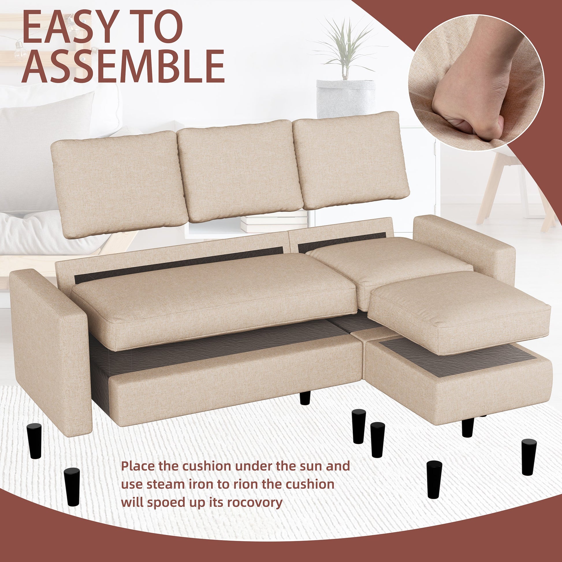 sobaniilowholesale 3-Seat L Shaped Sectional Sofa Couch with Modern Linen Fabric for Small Space (7415494770864)