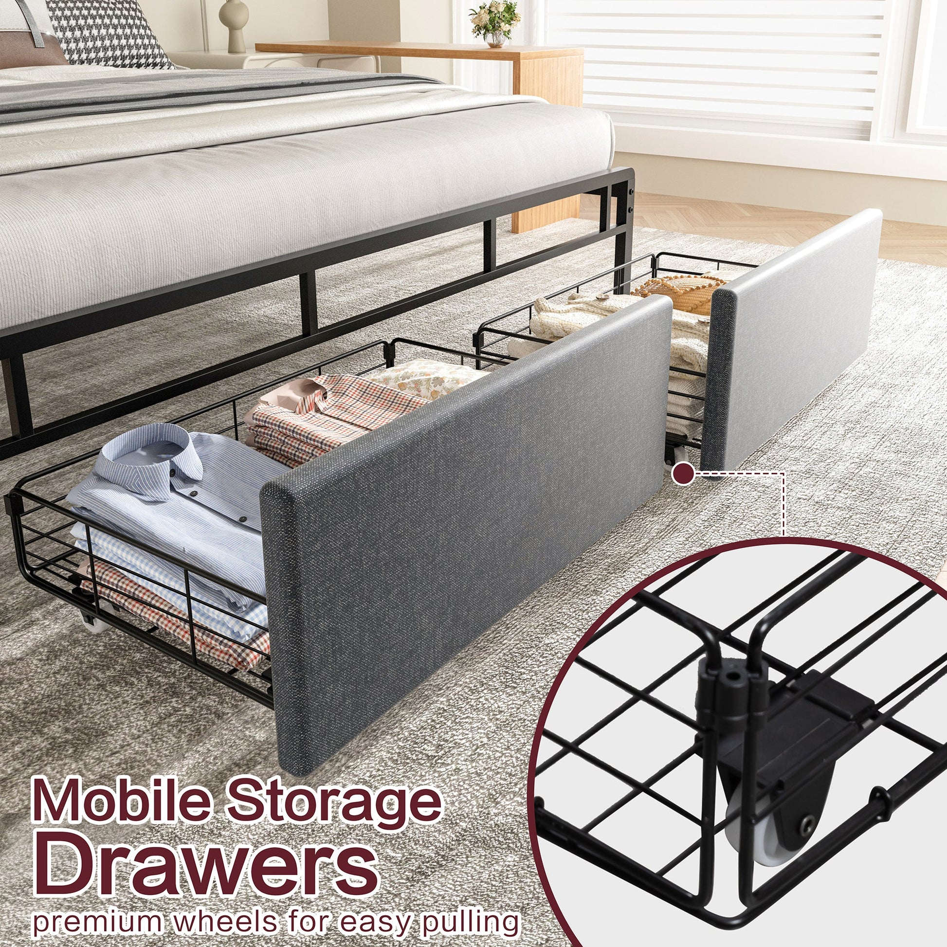 sobaniilowholesale Bed Frame with Led Light and 2 Drawers Metal Platform Bed with Button Tufted Headboard Strong Metal Slats (7504175136944)