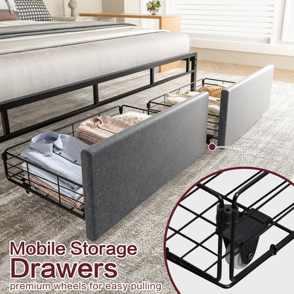 sobaniilowholesale Bed Frame with Led Light and 2 Drawers Metal Platform Bed with Button Tufted Headboard Strong Metal Slats (7504175136944)