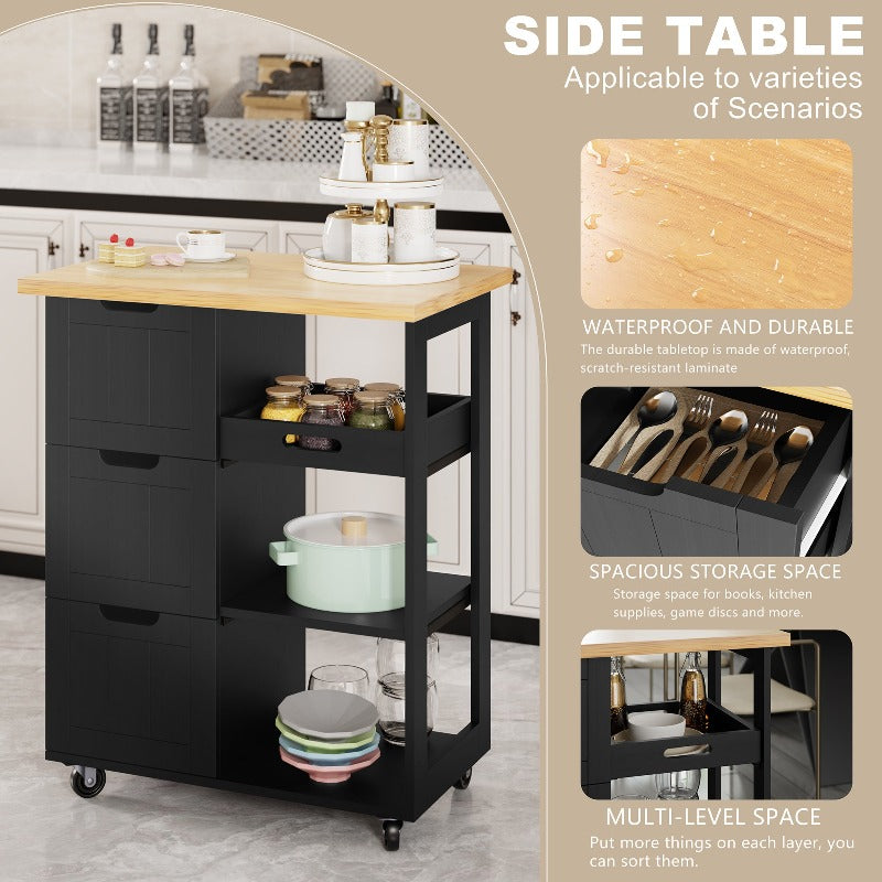sobaniilowholesale 26.57???¡¥ Rolling Kitchen Island Storage & Bar Cart with Solid Wood Top#color_black (7278481932464)