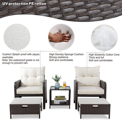sobaniilowholesale 5 Piece Outdoor Recliner Conversation Set With Beige Cushions, Wicker PE Rattan