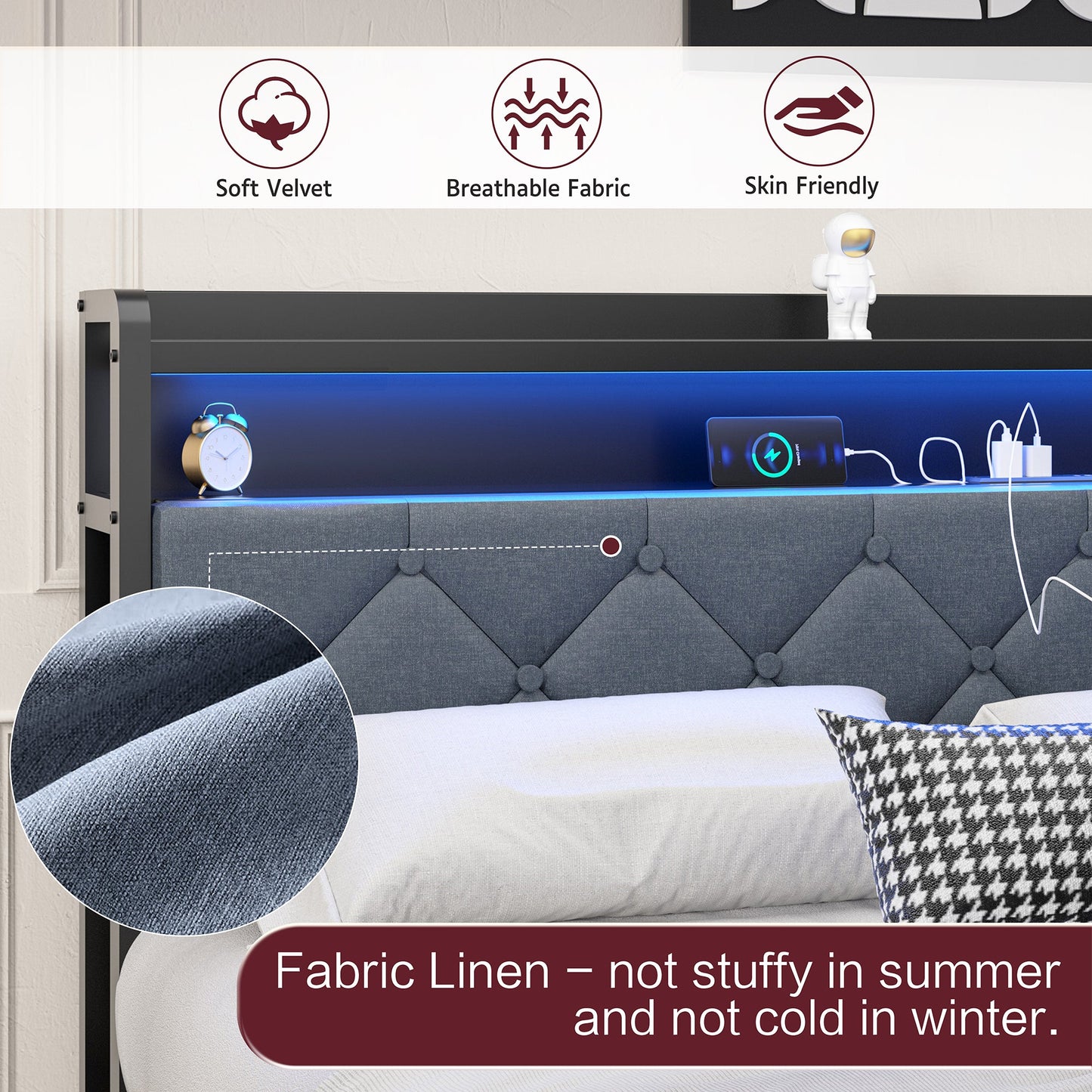 sobaniilowholesale Bed Frame with Led Light and 2 Drawers Metal Platform Bed with Button Tufted Headboard Strong Metal Slats (7504175136944)