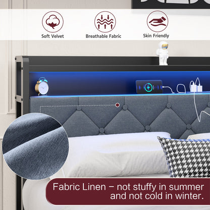 sobaniilowholesale Bed Frame with Led Light and 2 Drawers Metal Platform Bed with Button Tufted Headboard Strong Metal Slats (7504175136944)