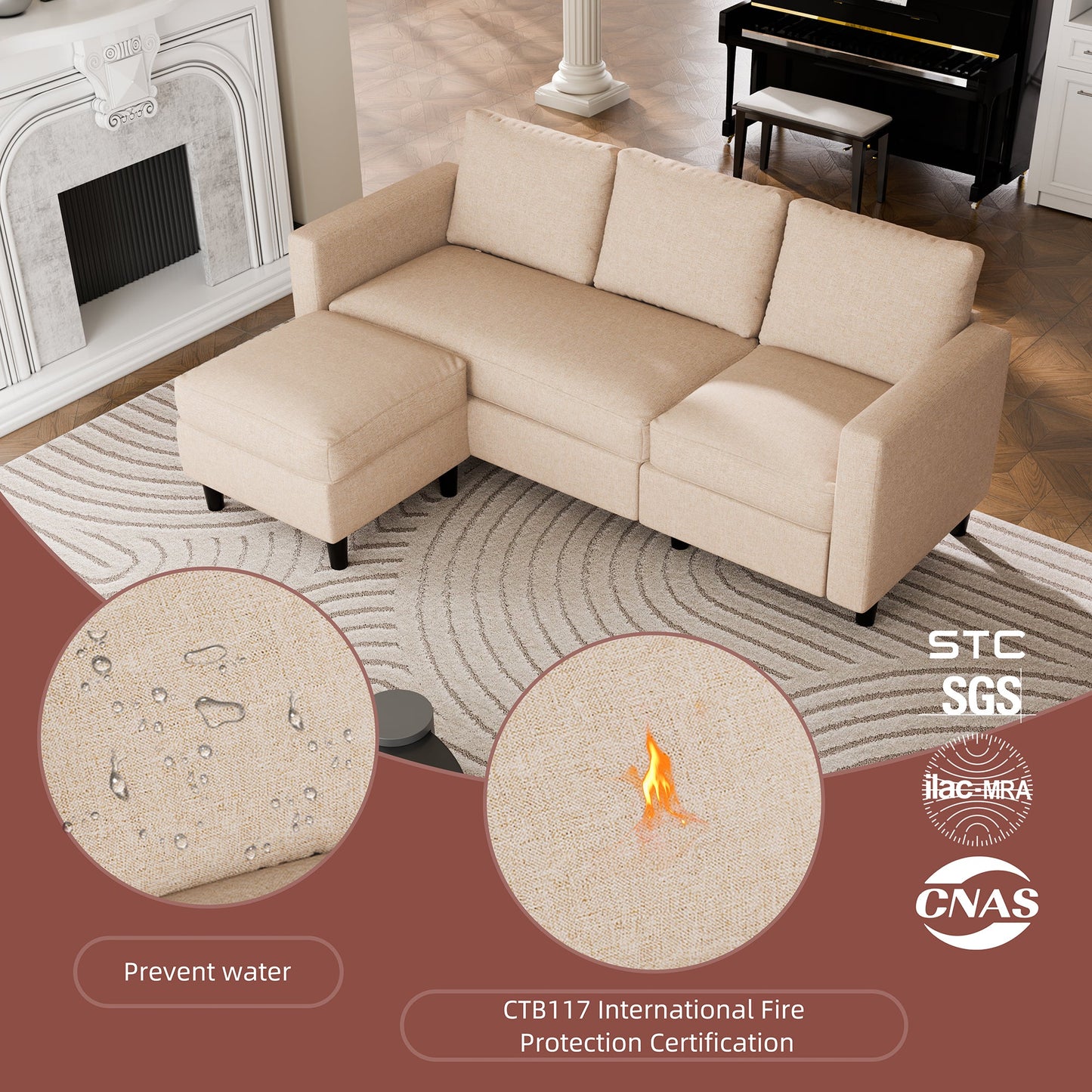 sobaniilowholesale 3-Seat L Shaped Sectional Sofa Couch with Modern Linen Fabric for Small Space (7415494770864)