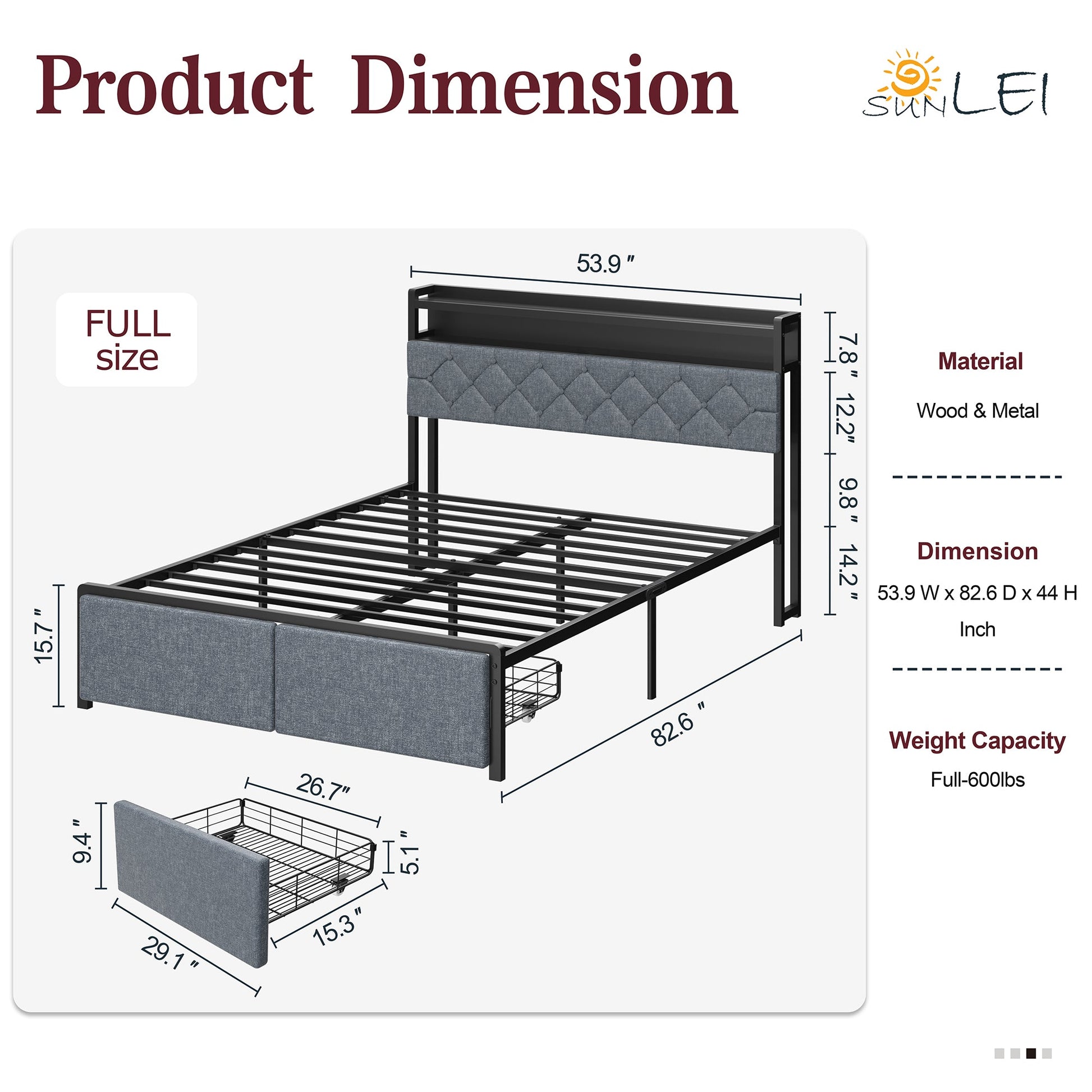 sobaniilowholesale Bed Frame with Led Light and 2 Drawers Metal Platform Bed with Button Tufted Headboard Strong Metal Slats (7504175136944)