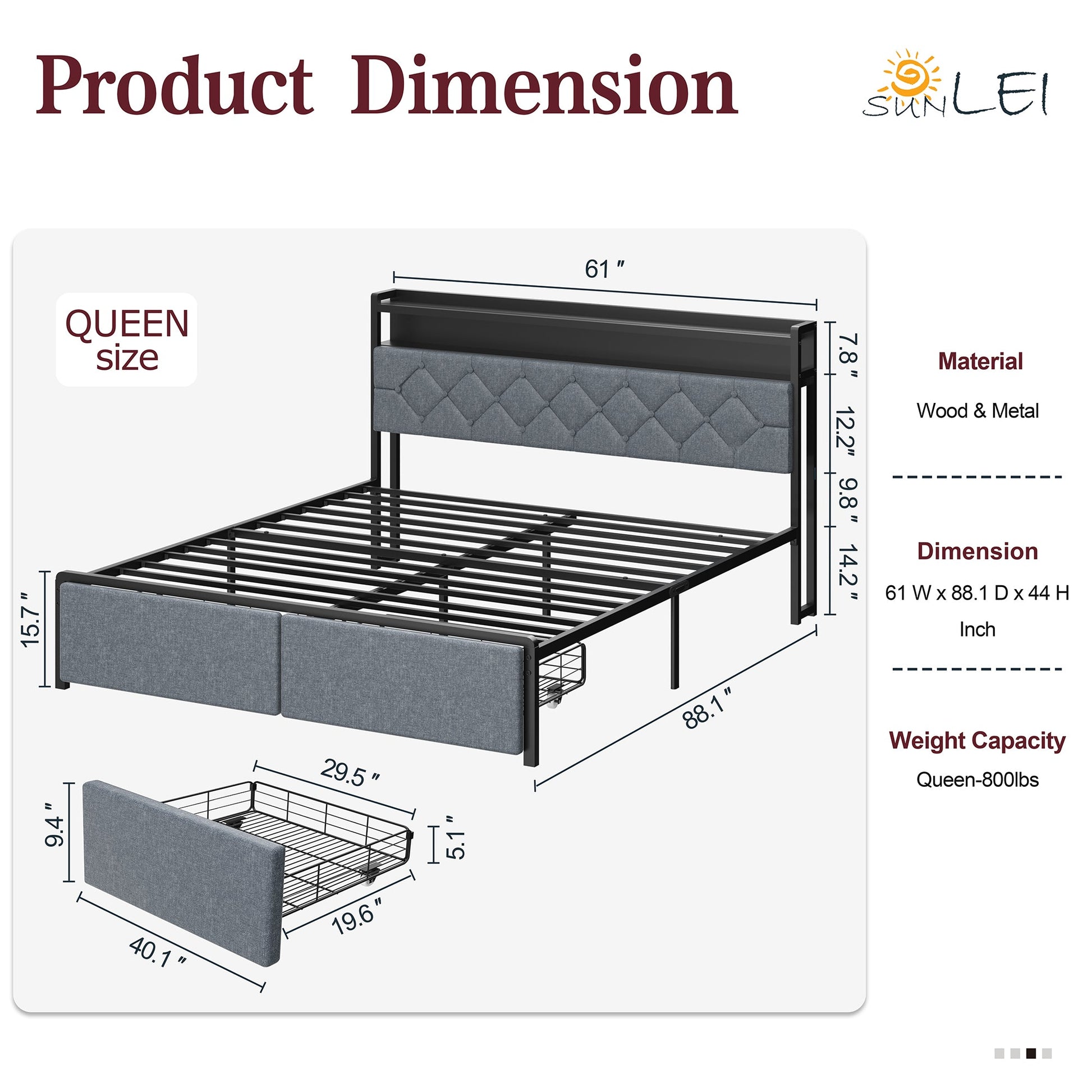 sobaniilowholesale Bed Frame with Led Light and 2 Drawers Metal Platform Bed with Button Tufted Headboard Strong Metal Slats (7504175136944)