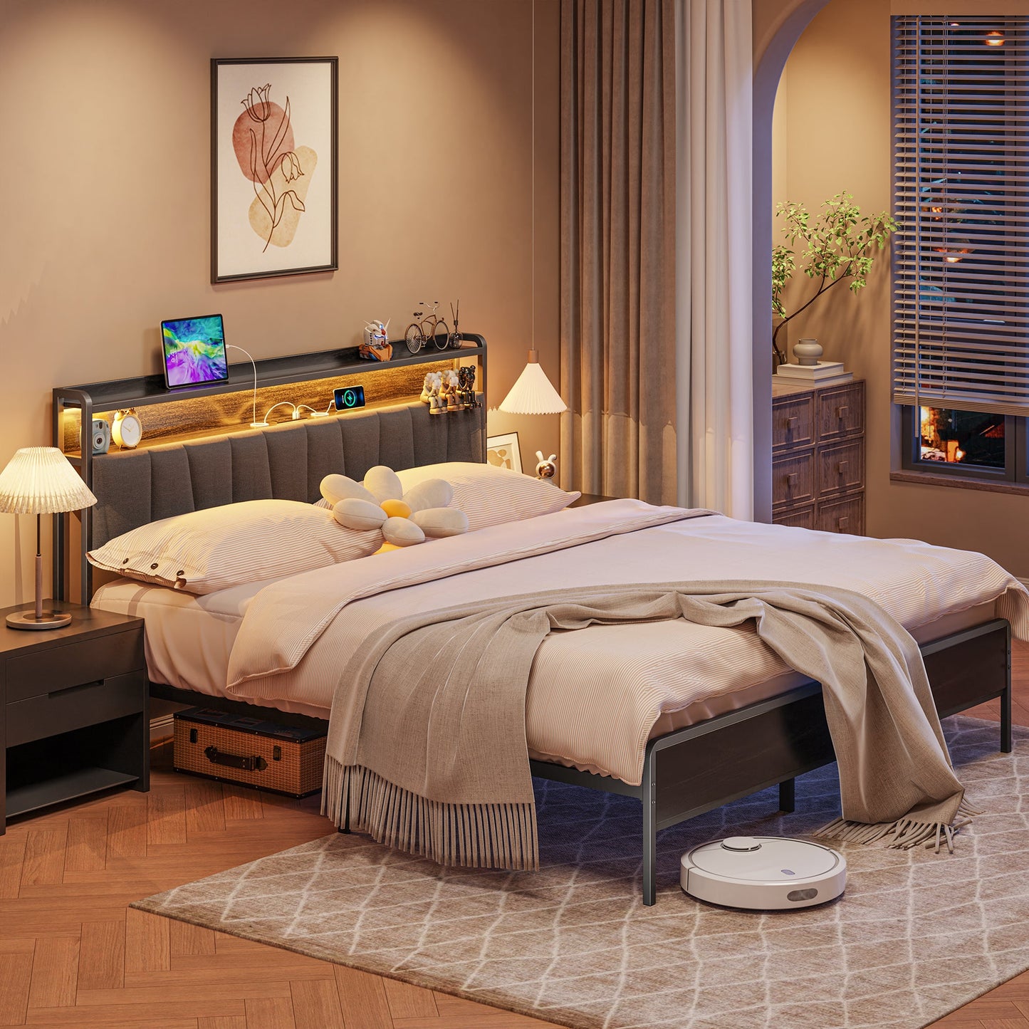 sobaniilowholesale Bed Frame with Led Light and 2 Drawers Metal Platform Bed with Button Tufted Headboard Strong Metal Slats (7504175136944)
