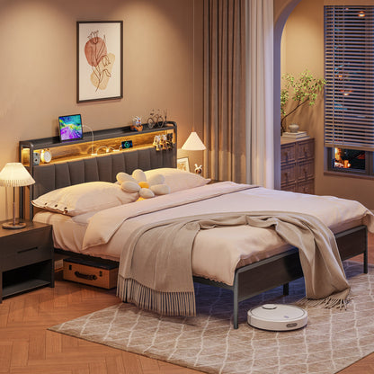 sobaniilowholesale Bed Frame with Led Light and 2 Drawers Metal Platform Bed with Button Tufted Headboard Strong Metal Slats (7504175136944)