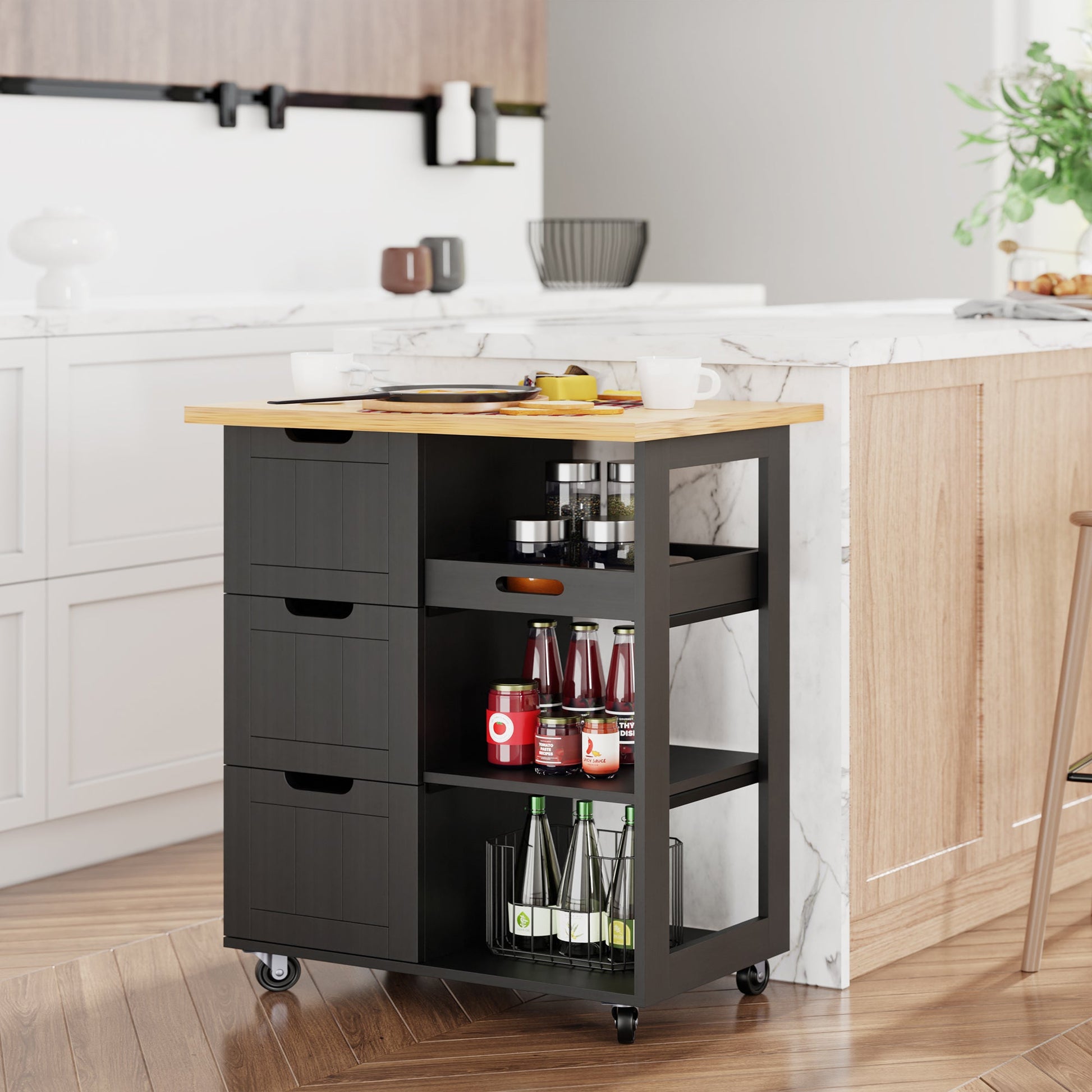 sobaniilowholesale 26.57???¡¥ Rolling Kitchen Island Storage & Bar Cart with Solid Wood Top#color_black (7278481932464)