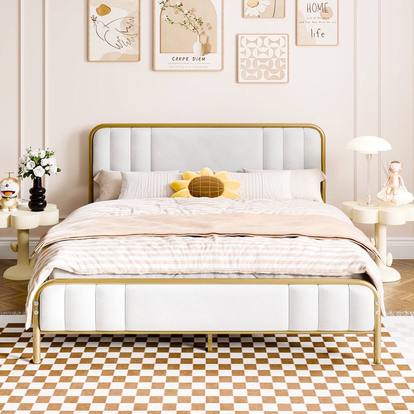 sobaniilowholesale Bed Frame with Led Light and 2 Drawers Metal Platform Bed with Button Tufted Headboard Strong Metal Slats (7504175136944)